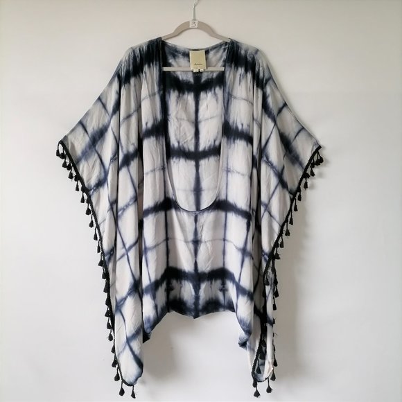 Elevenses Womens Blue & White Tie Dye Silk Poncho Kimono Blouse Top One Size - Picture 1 of 7
